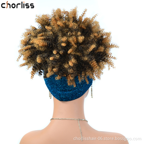 Wholesale Cheap Short Ombre Kinky Curly Fluffy Turban Wigs Wrap Heat Resistant Afro Synthetic Headband Attached Wigs For Women